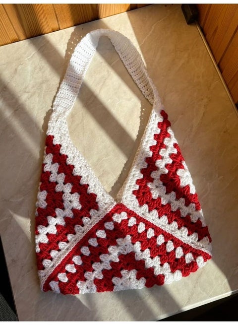 CROCHKA Elegant Handmade Summer Crochet Shoulder Bag - Attractive red and White Mix